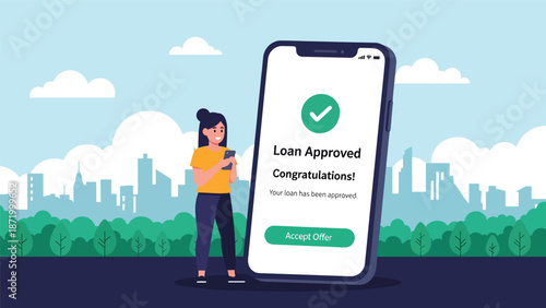 Flat vector illustration of mobile loan approval notification with person using smartphone, representing digital credit approval, online lending services, fintech solutions, and modern financial 