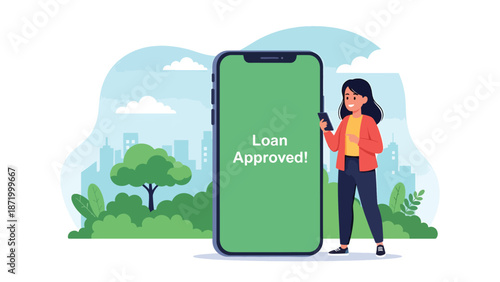 Flat vector illustration of mobile loan approval notification with person using smartphone, representing digital credit approval, online lending services, fintech solutions, and modern financial 