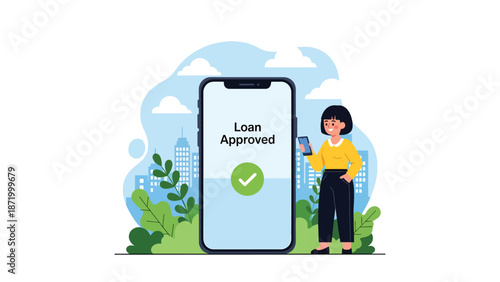 Flat vector illustration of mobile loan approval notification with person using smartphone, representing digital credit approval, online lending services, fintech solutions, and modern financial 