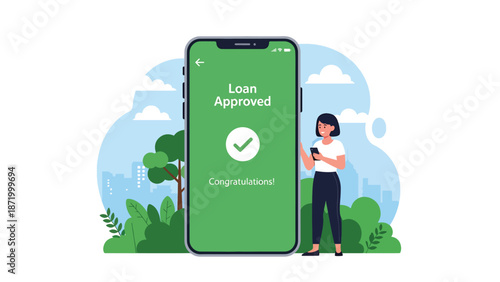 Flat vector illustration of mobile loan approval notification with person using smartphone, representing digital credit approval, online lending services, fintech solutions, and modern financial 