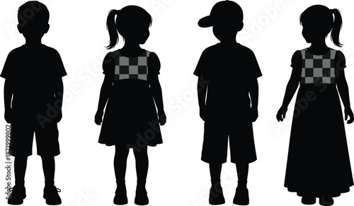 Silhouettes of boys and girls standing in different outfits and poses, illustrating childhood fashion, diversity, creativity, and simple character design