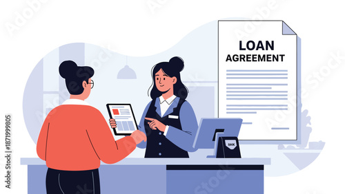 Flat vector illustration of customer signing loan agreement with bank officer at service desk, representing credit approval, lending process, banking consultation, and financial compliance