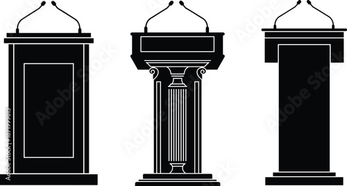 Podium silhouette vector collection, black microphone stand icons, public speaking illustration, formal presentation furniture, debate stage design, speech graphic set