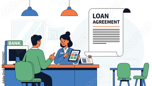 Flat vector illustration of customer signing loan agreement with bank officer at service desk, representing credit approval, lending process, banking consultation, and financial compliance