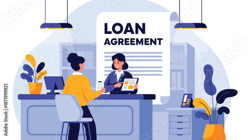Flat vector illustration of customer signing loan agreement with bank officer at service desk, representing credit approval, lending process, banking consultation, and financial compliance