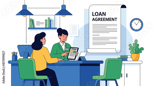 Flat vector illustration of customer signing loan agreement with bank officer at service desk, representing credit approval, lending process, banking consultation, and financial compliance