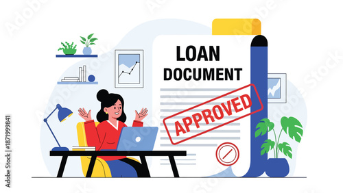 Flat vector illustration of approved loan document with person celebrating at laptop, symbolizing credit approval success, personal finance relief, online lending, and financial achievement