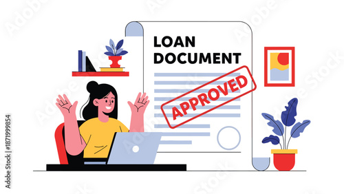 Flat vector illustration of approved loan document with person celebrating at laptop, symbolizing credit approval success, personal finance relief, online lending, and financial achievement