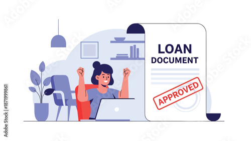 Flat vector illustration of approved loan document with person celebrating at laptop, symbolizing credit approval success, personal finance relief, online lending, and financial achievement