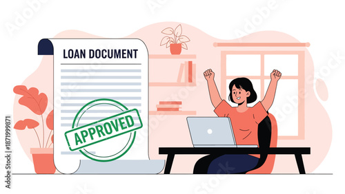 Flat vector illustration of approved loan document with person celebrating at laptop, symbolizing credit approval success, personal finance relief, online lending, and financial achievement