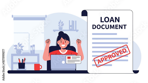Flat vector illustration of approved loan document with person celebrating at laptop, symbolizing credit approval success, personal finance relief, online lending, and financial achievement