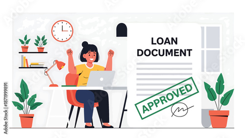 Flat vector illustration of approved loan document with person celebrating at laptop, symbolizing credit approval success, personal finance relief, online lending, and financial achievement