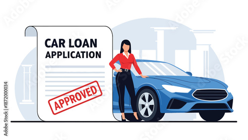 Flat vector illustration of happy person celebrating approved car loan beside new vehicle, representing auto financing, credit approval, consumer lending, and successful purchase decision
