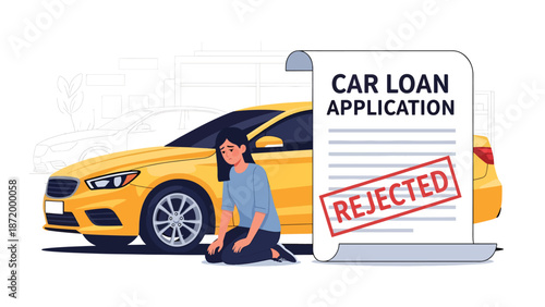 Flat vector illustration of rejected car loan application with sad and disappointed person beside vehicle, representing credit denial, lending risk, financial stress, and borrowing challenges