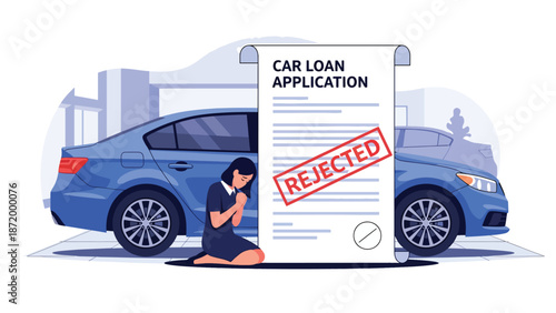 Flat vector illustration of rejected car loan application with sad and disappointed person beside vehicle, representing credit denial, lending risk, financial stress, and borrowing challenges