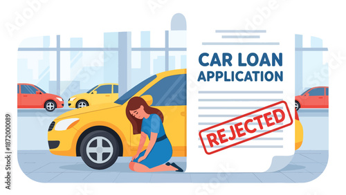 Flat vector illustration of rejected car loan application with sad and disappointed person beside vehicle, representing credit denial, lending risk, financial stress, and borrowing challenges