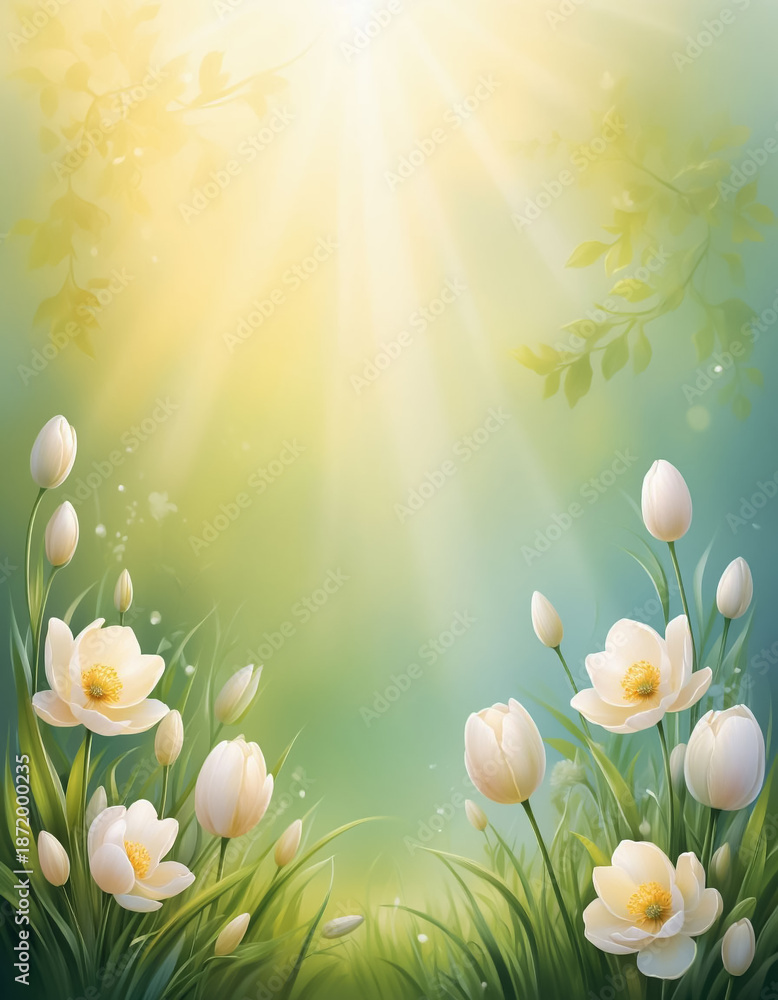 Fototapeta premium Soft spring pastel flowers background with text space, card template