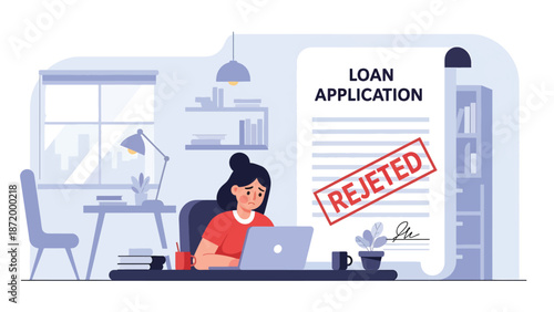 Flat vector illustration of rejected loan application with frustrated person at home office, symbolizing credit denial, financial difficulty, lending assessment, and personal finance stress