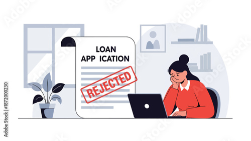 Flat vector illustration of rejected loan application with frustrated person at home office, symbolizing credit denial, financial difficulty, lending assessment, and personal finance stress