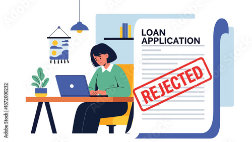 Flat vector illustration of rejected loan application with frustrated person at home office, symbolizing credit denial, financial difficulty, lending assessment, and personal finance stress