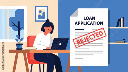Flat vector illustration of rejected loan application with frustrated person at home office, symbolizing credit denial, financial difficulty, lending assessment, and personal finance stress