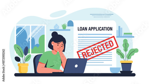 Flat vector illustration of rejected loan application with frustrated person at home office, symbolizing credit denial, financial difficulty, lending assessment, and personal finance stress