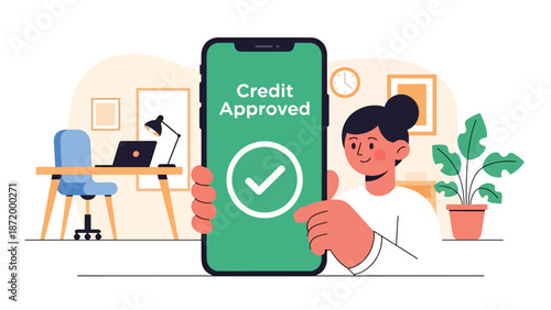 Flat vector illustration of mobile credit approved notification with woman celebrating, representing digital lending success, fintech services, online credit approval, and modern banking technology
