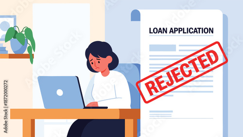 Flat vector illustration of rejected loan application with frustrated person at home office, symbolizing credit denial, financial difficulty, lending assessment, and personal finance stress