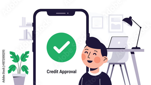 Flat vector illustration of mobile credit approved notification with woman celebrating, representing digital lending success, fintech services, online credit approval, and modern banking technology