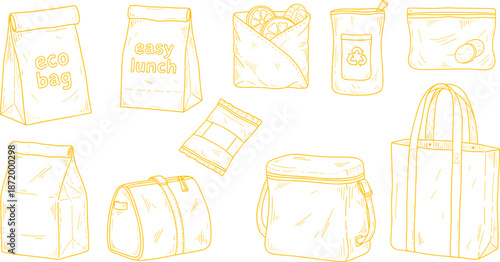 Hand-drawn lunch bag and container icons in eco-friendly style featuring reusable packaging, snack wraps, and food carriers.