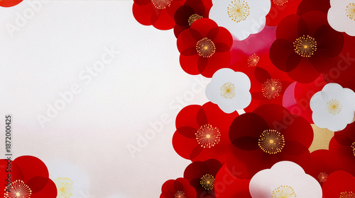 華やかな赤と白の梅の花模様の和風背景