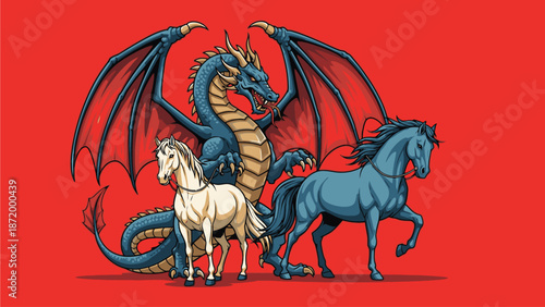 Illustration of a blue dragon with two horses, one white and one blue, on a red background, showcasing mythical creatures in a digital art style with vibrant colors.