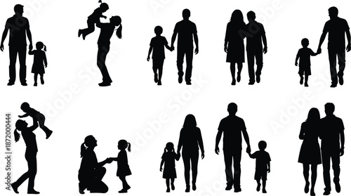 Silhouettes of parents and children walking, holding hands, and playing together, symbolizing family love, childhood bonding, and parental support