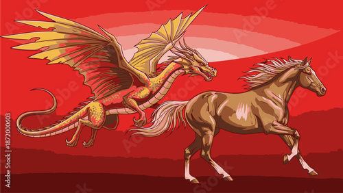 A mythical dragon-like creature with wings flies alongside a running horse against a vibrant red background with sun rays, conveying a sense of freedom and power.