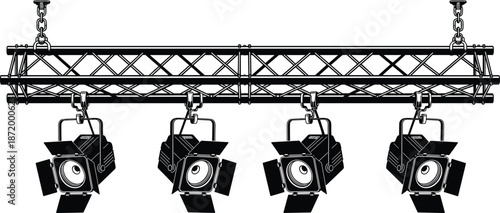 Stage lighting truss with four studio spotlights hanging, professional concert rig vector illustration for event production, theater, music show design