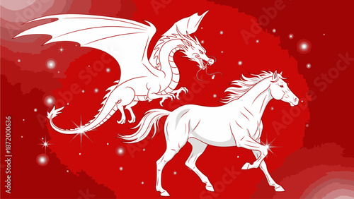 Illustration of a white dragon and horse running together in a starry red sky with a bold, mythical design.