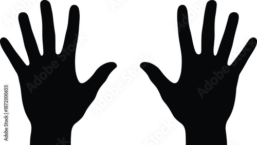 Silhouettes of two raised hands with extended fingers, symbolizing gesture, communication, body language, touch, and human connection in minimal style