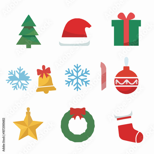 Christmas Icon Set Vector with Holiday Celebration Symbols in Flat Minimal Style