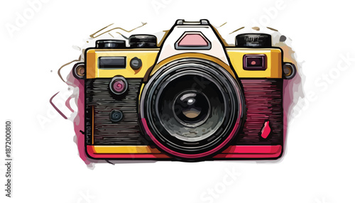 Vibrant illustration of a vintage camera with artistic flair.