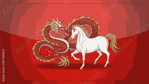 Illustration of a white horse and a dragon in a dynamic pose on a red background, symbolizing kuda chine's day with golden accents and bold lines.