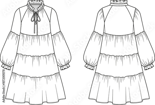 dress, fashion, sketch, vector, CAD, garment, illustration, ruffle, neckline, sleeve, tiered, design, technical, silhouette, couture,
