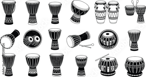 Traditional hand drum silhouette vector, world percussion instrument icons, cultural music illustration, black drum set, ethnomusicology concept, tribal rhythm design