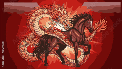 Illustration of a horse and dragon in a fiery, red background with flames and sparks, depicting kuda chine's day in a mythical scene.