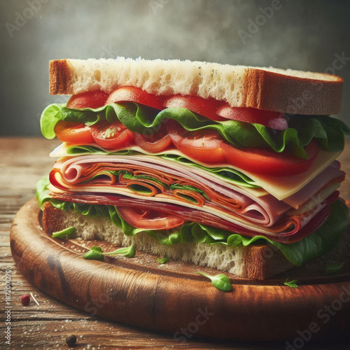 Layered Deli Sandwich With Sliced Meats Tomatoes And Greens On Thick Cut Bread