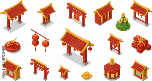 Chinese temple structures and festive decor