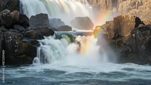 Majestic Waterfall Cascading Over Rugged Rocks with Sunbeams and Rainbow.