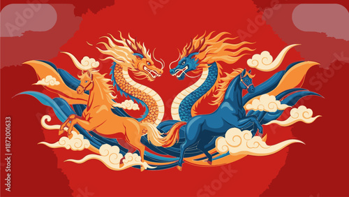 Vibrant illustration of two dragons, one orange and one blue, facing each other amidst swirling clouds on a red background, symbolizing kuda chine's day.