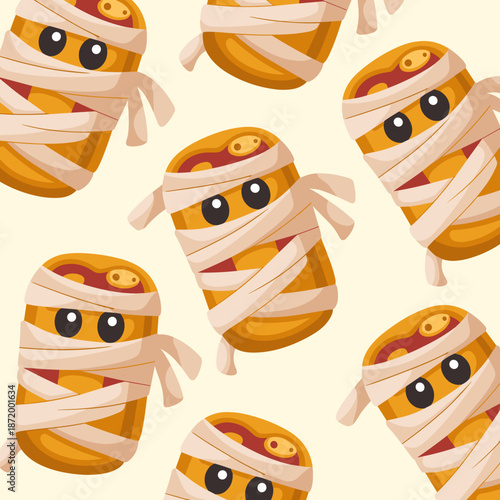 Cartoon mummy pizza bites vector – Suitable for Halloween food menus, graphic resources, or festive designs.