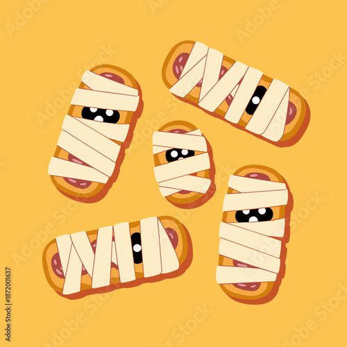 Cute mummy pizza rolls flat vector design – Perfect for spooky holiday cooking, recipe illustrations, or food apparel.