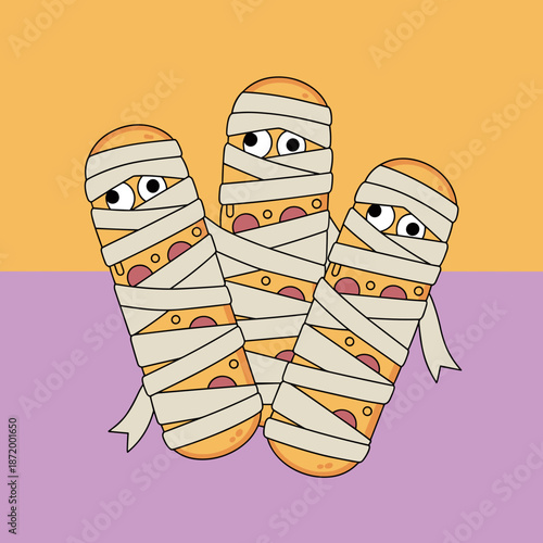 Spooky mummy pizza snacks vector graphic – Great for seasonal food promotions, recipe books, or event flyers.